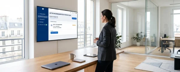 Professionnel dans un bureau moderne consultant une interface de recommandé électronique sur grand écran