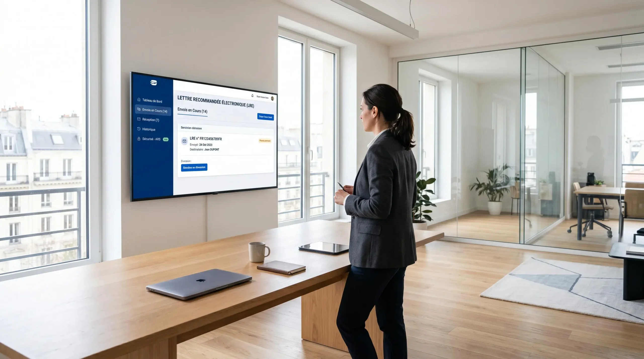 Professionnel dans un bureau moderne consultant une interface de recommandé électronique sur grand écran